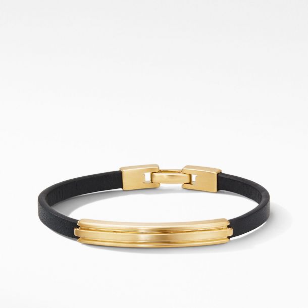 Men s David Yurman Deco Black Leather ID Bracelet in 18K Yellow Gold
