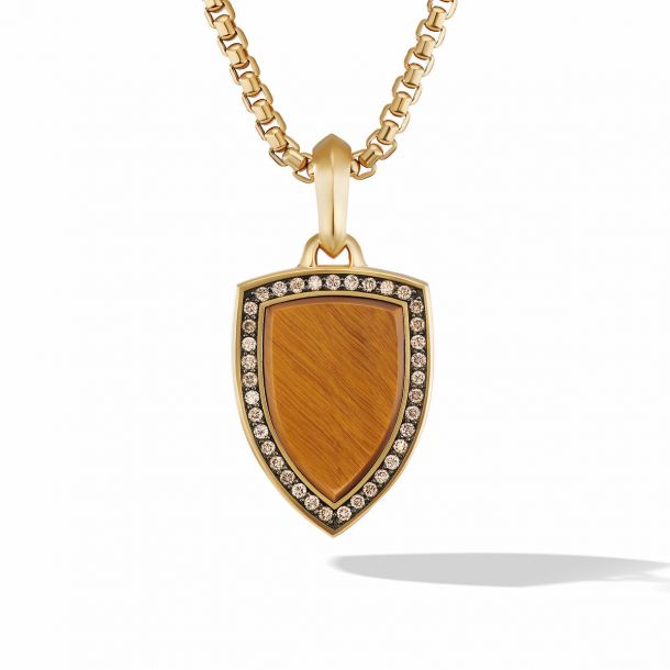 Men s David Yurman Shield Amulet in 18K Yellow Gold with Tiger s Eye and Pave Cognac Diamonds REEDS Jewelers