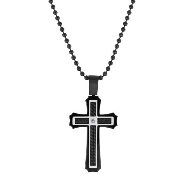 Men s Diamond Accent and Black Stainless Steel Cross on Ball Chain