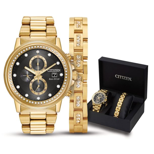 Men's Eco-Drive Crystal Yellow Gold-Tone Bracelet and Watch Set FB3002-61E  | REEDS Jewelers