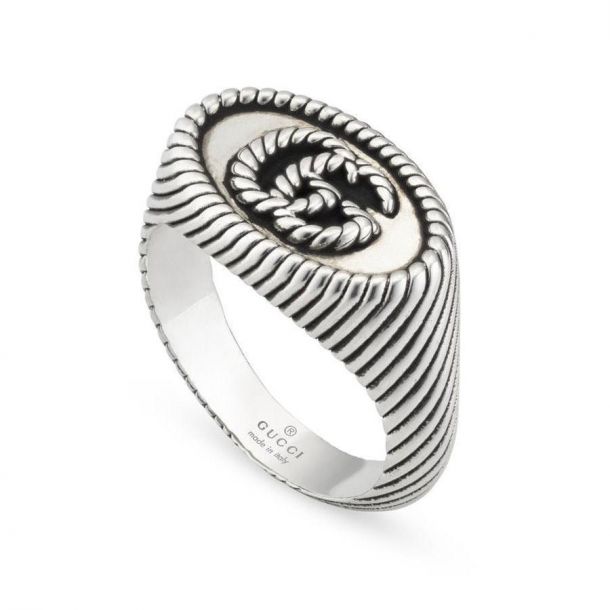 Men s Gucci Aged Sterling Silver GG Marmont Oval Ring 12mm Size 10.75