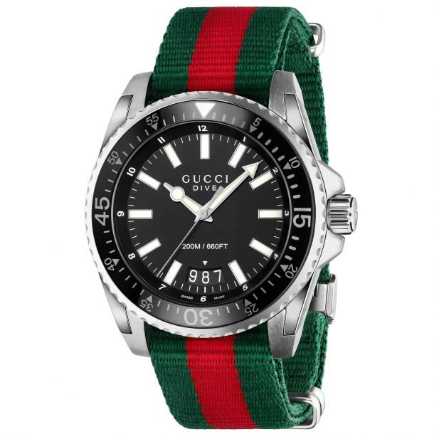 Men s Gucci Dive XL Red and Green Strap Black Dial Watch REEDS Jewelers