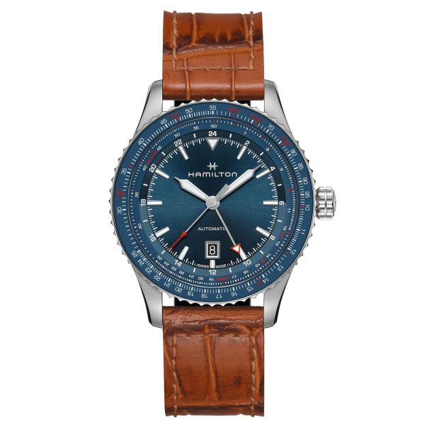 Men s Hamilton Khaki Aviation Converter Auto GMT Brown Leather Strap Watch H76715540 REEDS Jewelers