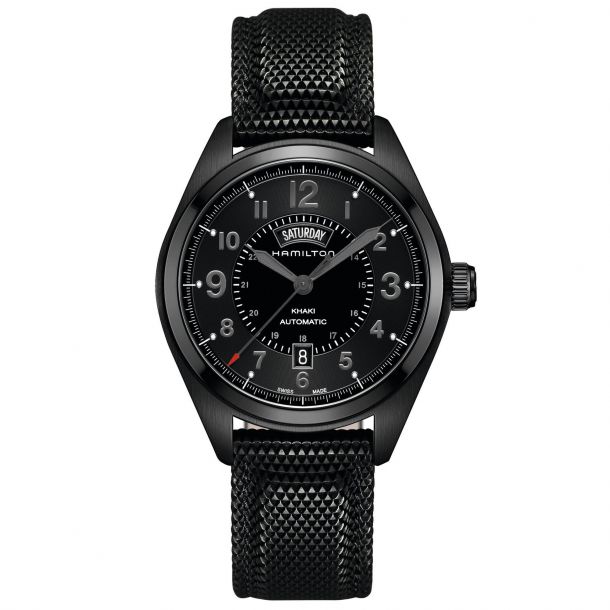 Men s Hamilton Khaki Field Day Date Auto Full Black Rubber Strap Watch H70695735 REEDS Jewelers