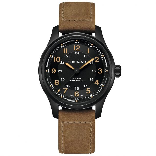 Men's Hamilton Khaki Field Titanium Auto Brown Leather Strap Watch