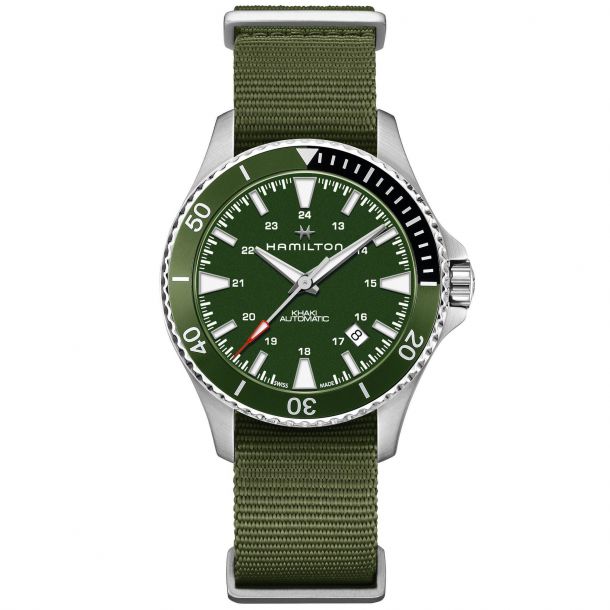 Men s Hamilton Khaki Navy Scuba Auto Green NATO Strap Watch H82375961 REEDS Jewelers