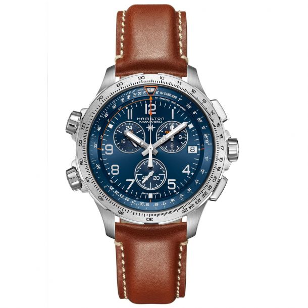 Men s Hamilton Swiss Chronograph Khaki X Wind GMT Brown Leather Watch H77922541 REEDS Jewelers