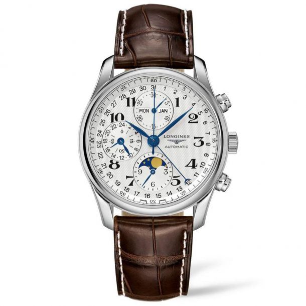 Men s Longines Master Collection Chronograph Moon Phase Brown Leather Strap Watch L26734783 REEDS Jewelers