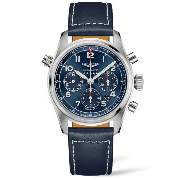 Men's Longines Spirit Automatic Chronograph Blue Leather Strap Watch ...