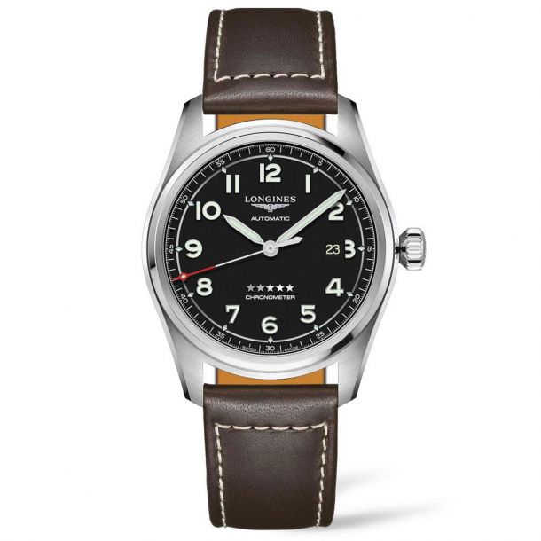 Men s Longines Spirit Black Dial Automatic Brown Leather Strap Watch L38114530