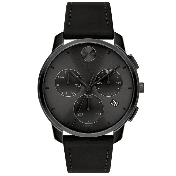 Men s Movado BOLD Chronograph Black Leather Strap Watch 3600632 REEDS Jewelers