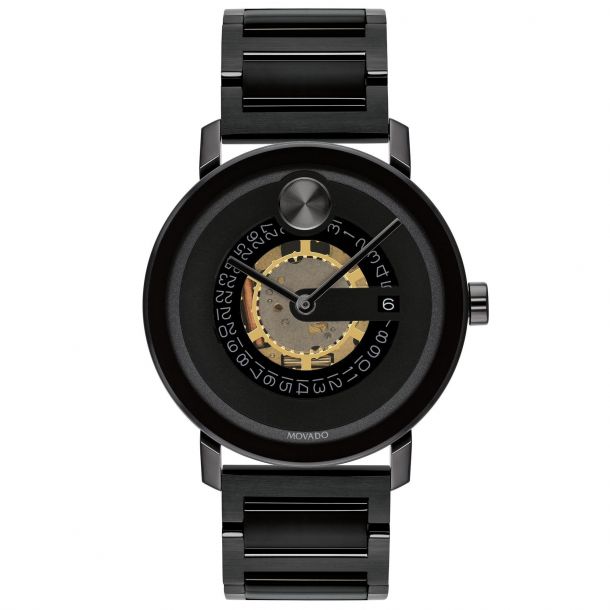 Men s Movado BOLD Evolution Exposed Quartz Dial Black Ion Plated Stainless Steel Watch 3600677