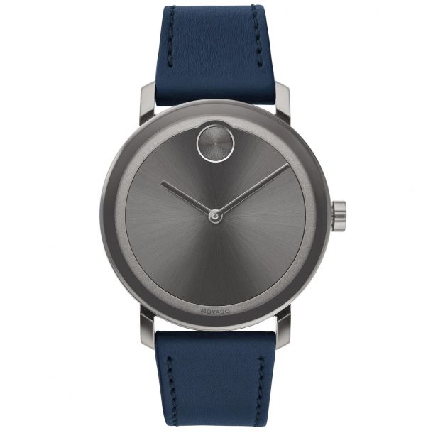 Men s Movado BOLD Evolution Grey Ion Plated and Navy Leather Strap Watch 3600507 REEDS Jewelers
