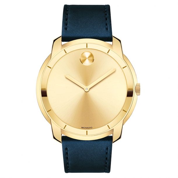 Men s Movado BOLD Large Yellow Gold Tone Dial Leather Strap Watch 3600469 REEDS Jewelers