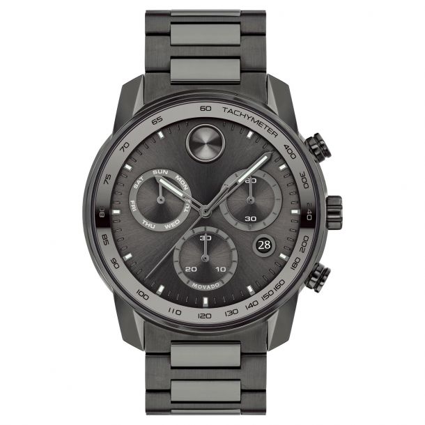 Men s Movado BOLD Verso Chronograph Gunmetal Ion Plated Bracelet Watch 44mm 3600743 REEDS Jewelers