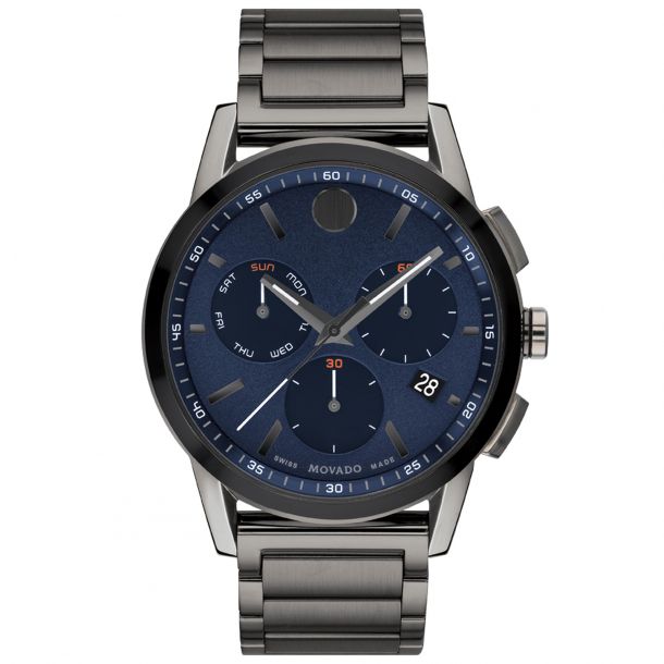 Movado Museum Sport Chronograph Blue Dial Grey and Black PVD Watch 43mm 0607624 REEDS Jewelers