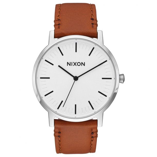 Men s Nixon Porter Leather White Dial Brown Leather Strap Watch A1058 2442 00 REEDS Jewelers