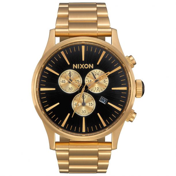 Men s Nixon Sentry Chrono Black Dial Gold Bracelet Watch A386 510 00
