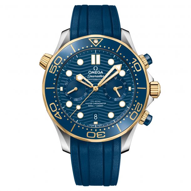 OMEGA Seamaster Diver 300M Co Axial Master Chronometer Chronograph Yellow Gold and Steel Blue Rubber Strap Watch 44mm O21022445103001 REEDS Jewelers