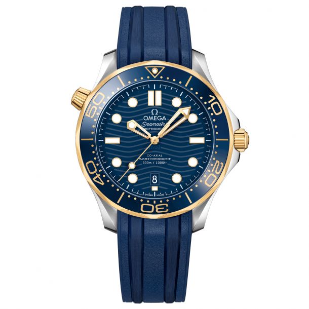 OMEGA Seamaster Diver 300M Co Axial Master Chronometer Yellow Gold and Steel Blue Rubber Strap Watch 42mm O21022422003001 REEDS Jewelers
