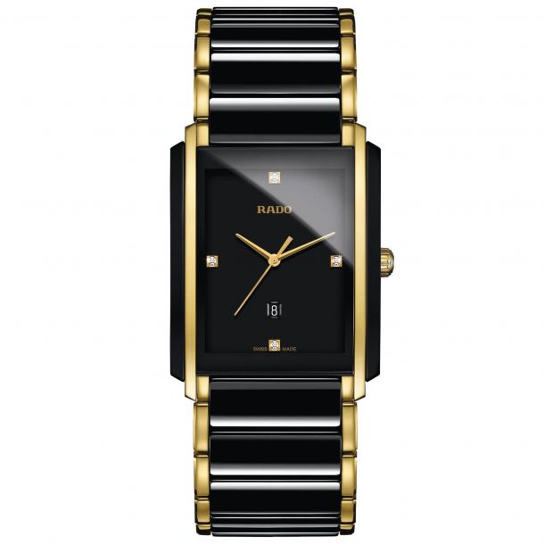Men s Rado Integral Diamonds Rectangular Case Black Ceramic and Gold Tone Watch R20204712 REEDS Jewelers