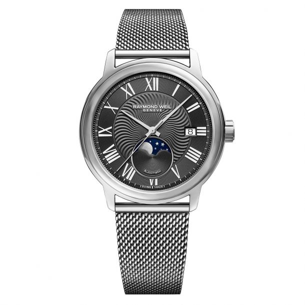 Men s Raymond Weil Maestro Moon Phase Grey Dial Stainless Steel Watch 2239M ST 00609 REEDS Jewelers