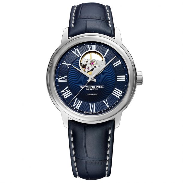 Men s Raymond Weil Maestro Open Balance Blue Leather Strap Watch 2227 STC 00508 REEDS Jewelers