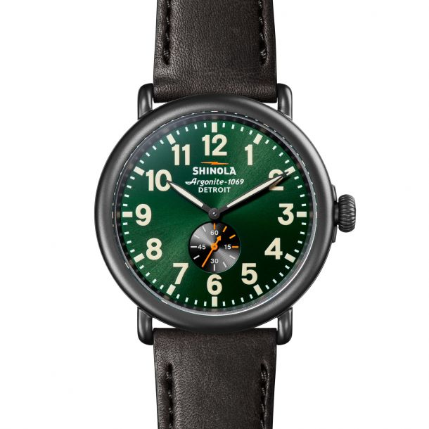 Men s Shinola The Runwell Green Dial Black Leather Strap Watch
