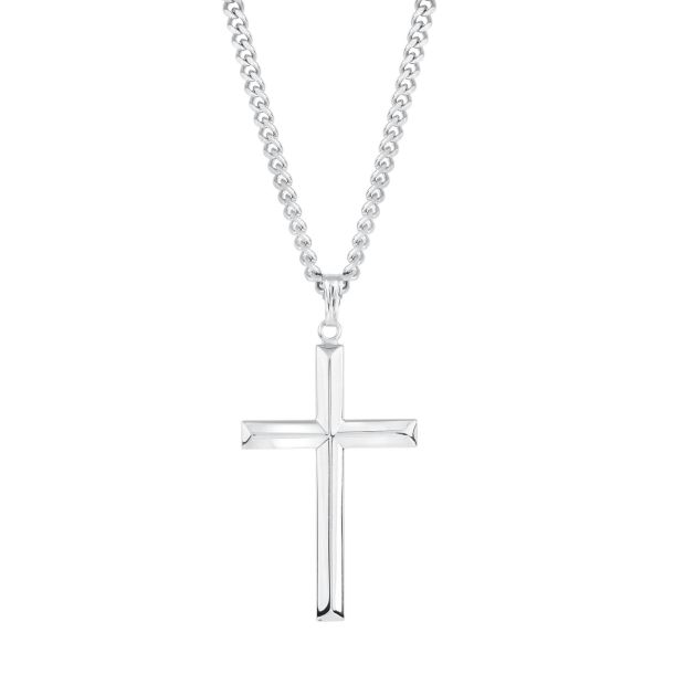 Men s Sterling Silver Beveled Edge Cross Pendant With 24 Inch
