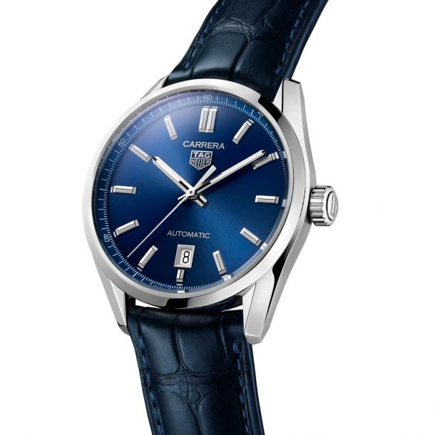 Men s TAG Heuer CARRERA Date Blue Leather Strap Watch Blue Dial 41mm WBN2112.FC6504 REEDS Jewelers