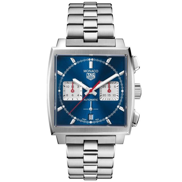 TAG Heuer Monaco Calibre 12 in stainless steel featuring a blue b