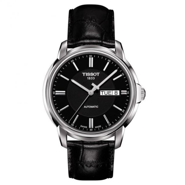 Men s Tissot Automatics III Black Leather Strap Watch T0654301605100