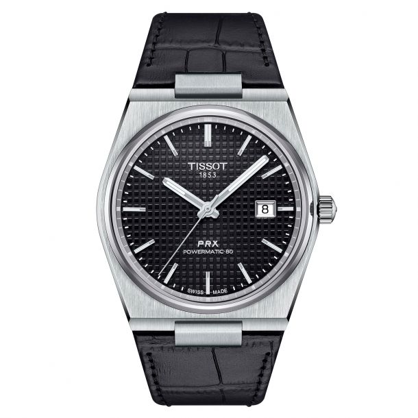Tissot men's black leather strap watch store
