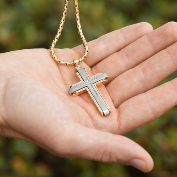 Men s Two Tone Diamond Cross Pendant Necklace 1 10ctw REEDS Jewelers