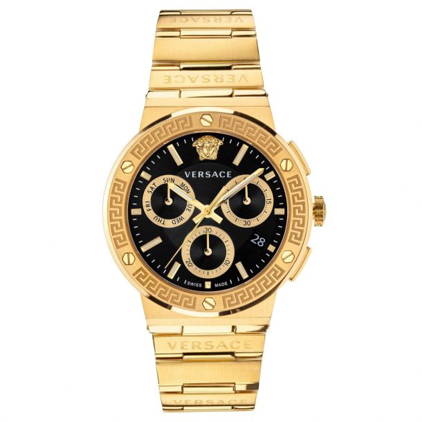 Versace Greca Logo Chrono Yellow Gold Ion Plated Watch 43mm VEZ900421