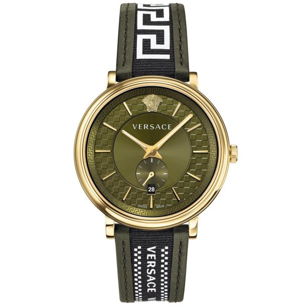 Mens' Versace V-Circle Greca Green Leather Strap Watch VEBQ01519 ...