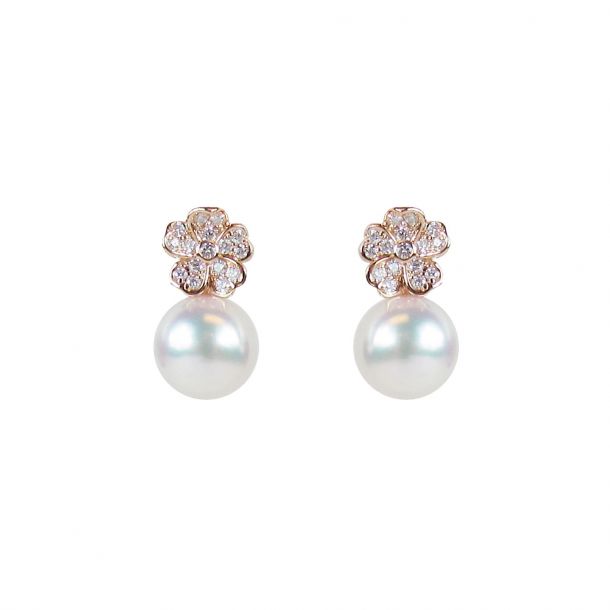 MIKIMOTO Akoya Cultured Pearl and Diamond Rose Gold Cherry Blossom Earrings  1/5ctw | REEDS Jewelers