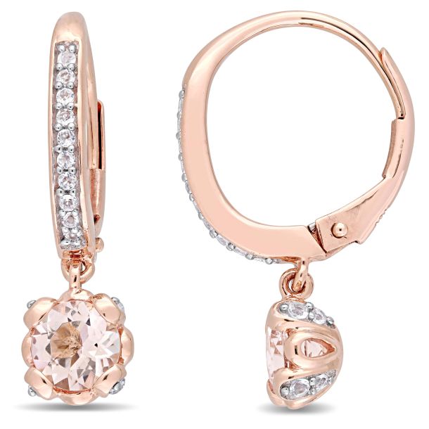 Morganite and White Topaz Floral Rose Gold Leverback Drop Earrings REEDS Jewelers