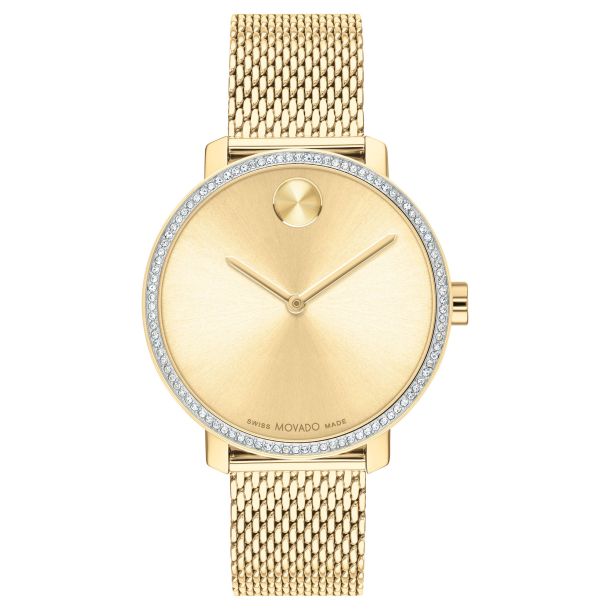 Movado BOLD Shimmer Crystal Bezel and Pale Gold Ionic Plated Mesh Bracelet Watch 34mm 3600841 REEDS Jewelers