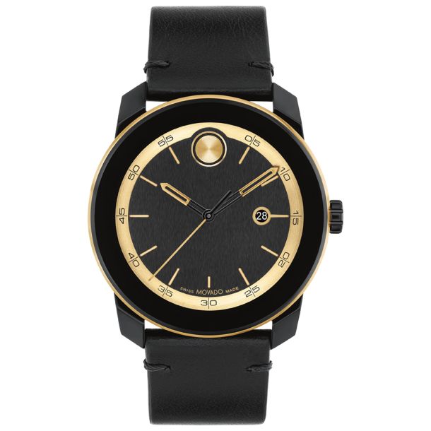 Movado BOLD TR90 Chronograph Black Dial Black Leather Strap Watch 42mm 3601130 REEDS Jewelers