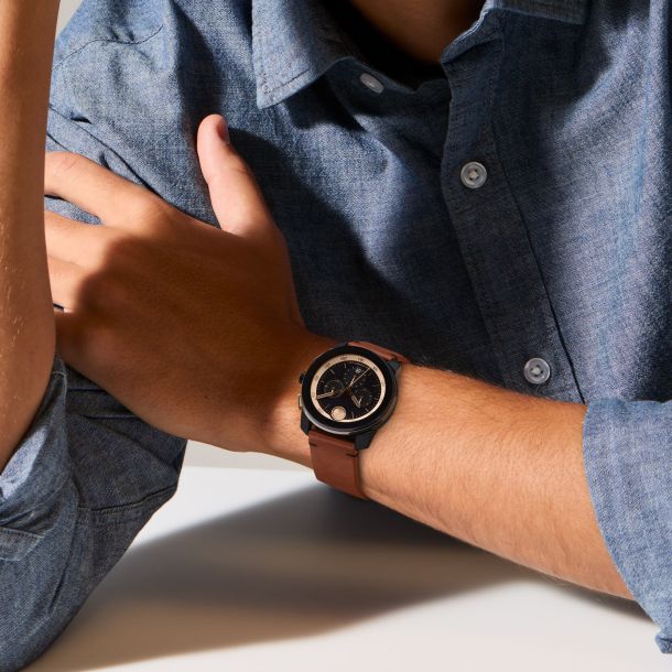 Movado BOLD TR90 Chronograph Black Dial Brown Leather Strap Watch 43.5mm 3601115 REEDS Jewelers