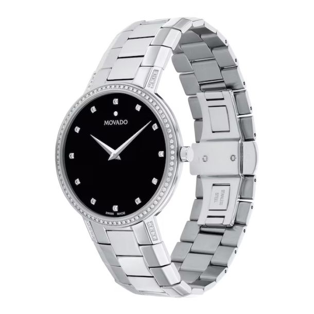 Movado Faceto Diamond Black Dial Stainless Steel Watch 39mm