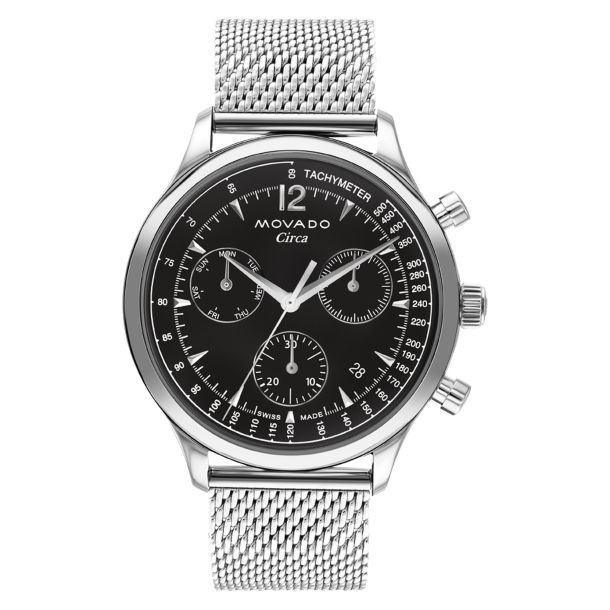 Movado Heritage Circa Black Dial Stainless Steel Mesh Bracelet Watch 43mm 3650137 REEDS Jewelers