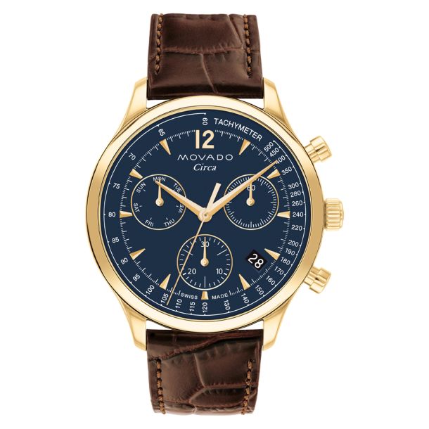 Movado Heritage Series Circa Chronograph Blue Dial Brown Leather Strap Watch 43mm 3650171 REEDS Jewelers