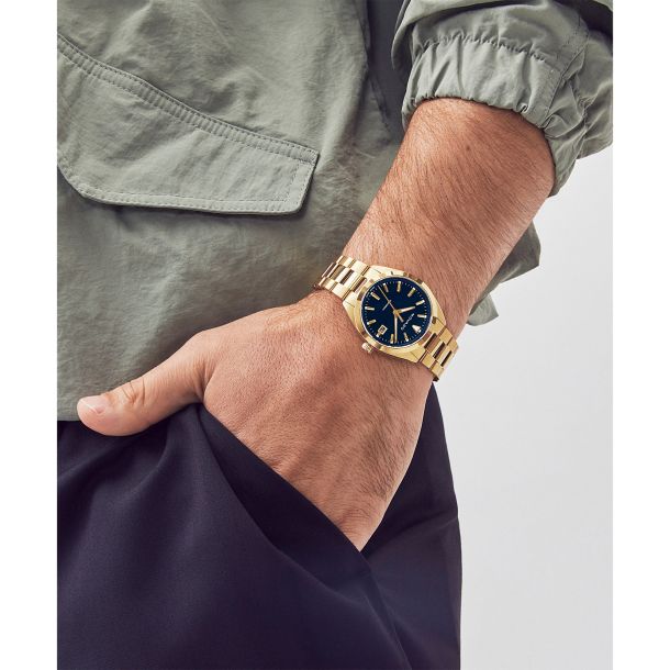 Movado Heritage Series Datron Blue Dial and Yellow Gold Ion Plated Bracelet Watch 39mm 3650143 REEDS Jewelers
