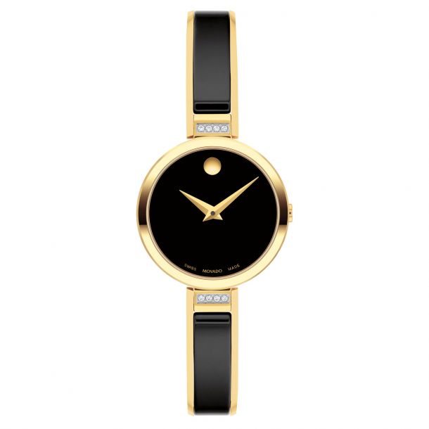 Movado Moda Yellow Gold PVD and Black Ceramic Bangle Bracelet Watch 24mm 0607716 REEDS Jewelers