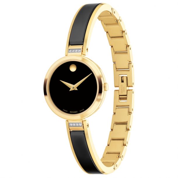 Movado Moda Yellow Gold PVD and Black Ceramic Bangle Bracelet