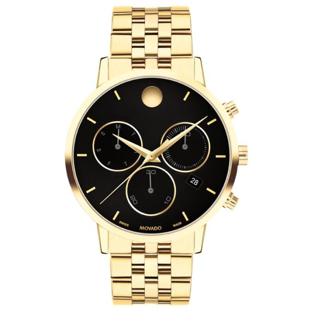 Movado Museum Classic Black Dial Gold Tone Stainless Steel Bracelet Watch 42mm 0607810 REEDS Jewelers