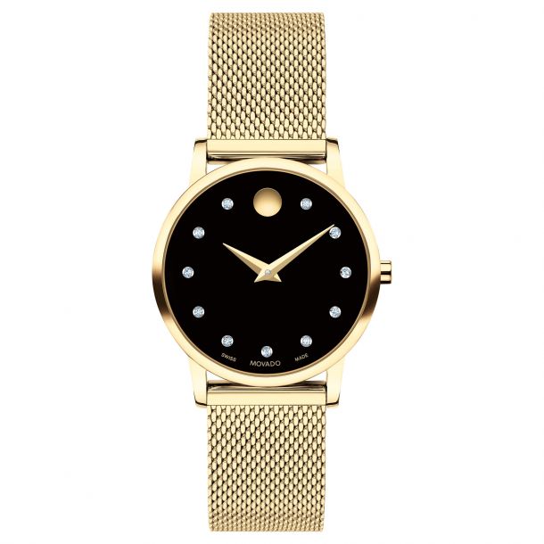 Movado Museum Classic Diamond Black Dial Yellow Gold Tone Mesh Bracelet Watch 28mm 0607628 REEDS Jewelers