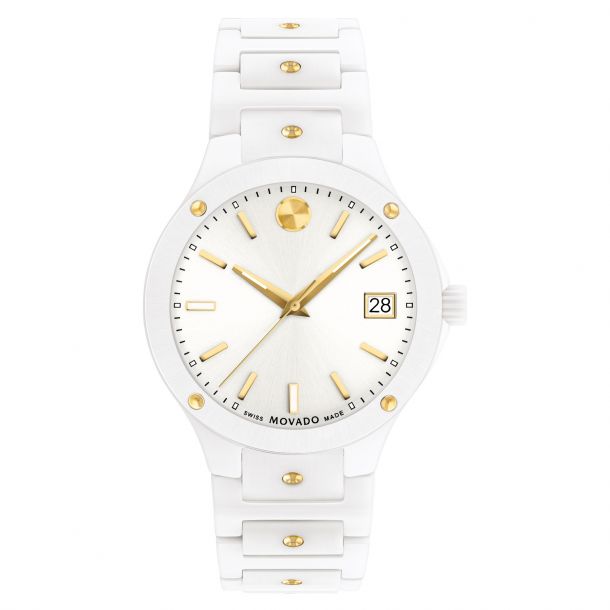 Movado SE White Ceramic and Yellow Gold PVD Bracelet Watch 33mm 0607740 REEDS Jewelers